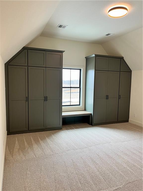 bonus room with vaulted ceiling, visible vents, and light carpet