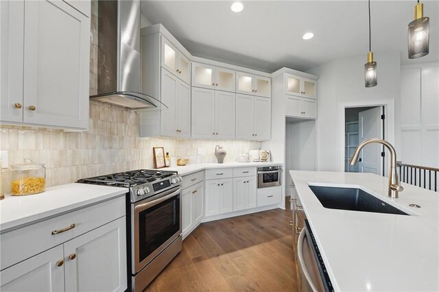 1510 NW 106th Ter, Kansas City, MO 64155 - kitchen featuring wall chimney range hood, light countertops, a sink, stainless steel appliances, and dark wood-type flooring