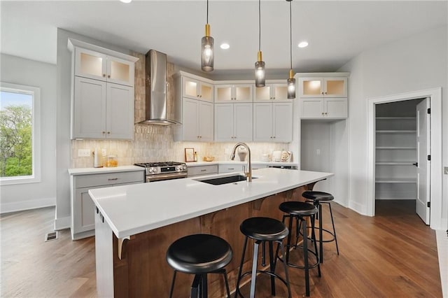 1510 NW 106th Ter, Kansas City, MO 64155 - kitchen with wall chimney range hood, gas stove, a sink, baseboards, and wood finished floors
