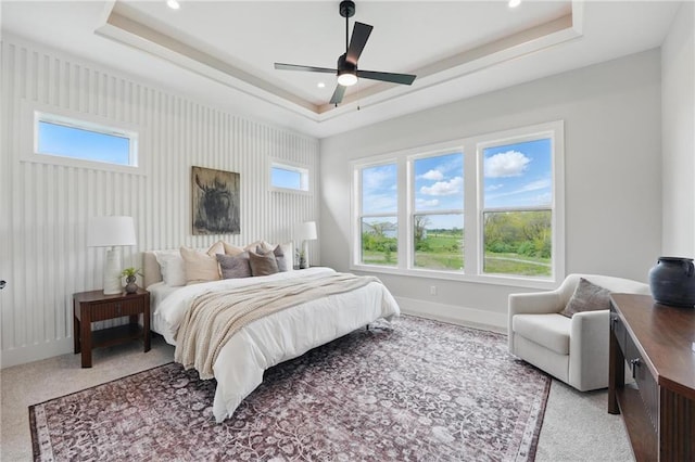 1510 NW 106th Ter, Kansas City, MO 64155 - bedroom featuring baseboards, light carpet, a tray ceiling, and multiple windows
