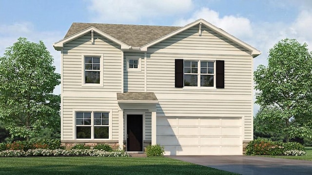 traditional home with driveway, roof with shingles, an attached garage, and a front yard