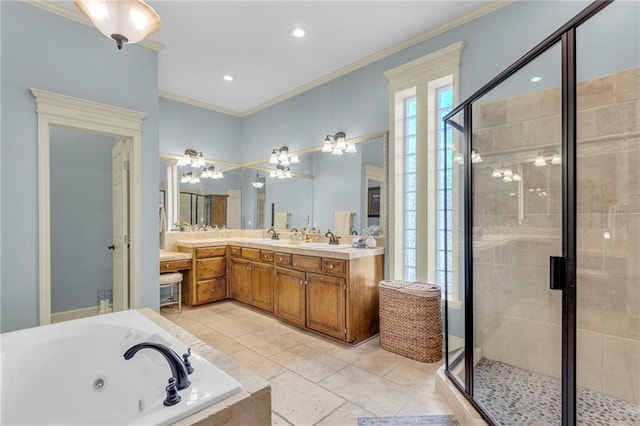 bathroom with a jetted tub, double vanity, ornamental molding, a stall shower, and a sink