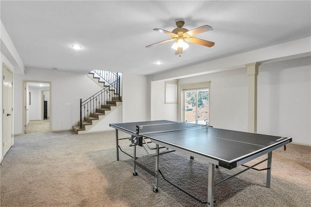 game room with recessed lighting, carpet, and ceiling fan