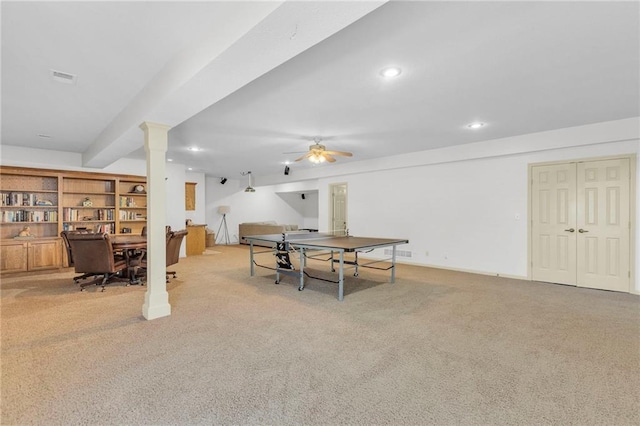 game room featuring a ceiling fan, visible vents, ornate columns, carpet floors, and recessed lighting