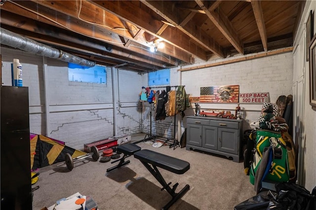 workout area featuring brick wall and carpet