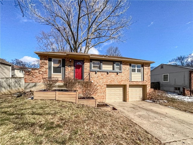 view of front of home with a garage, concrete driveway, and brick siding