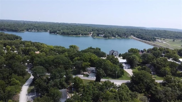 bird's eye view featuring a view of trees and a water view