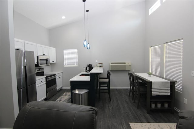 kitchen featuring a high ceiling, appliances with stainless steel finishes, dark wood-style floors, and a wall mounted AC