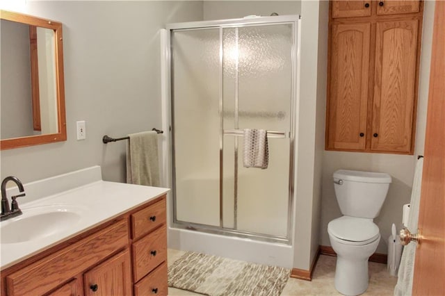 full bath featuring vanity, a shower stall, toilet, and tile patterned floors