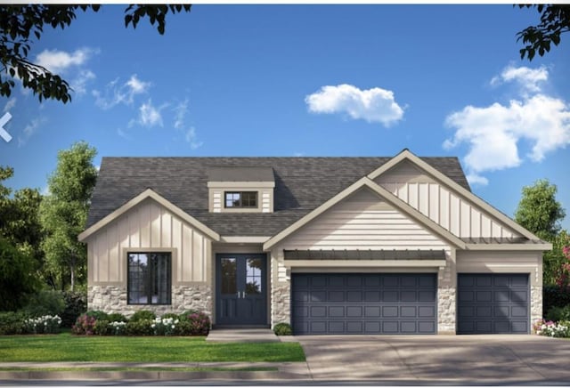 craftsman-style house with a garage, stone siding, board and batten siding, and concrete driveway