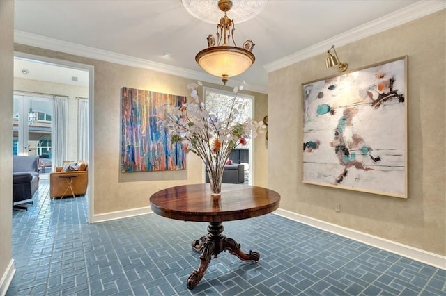 corridor featuring crown molding, baseboards, brick floor, and a healthy amount of sunlight