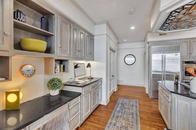 kitchen with crown molding, light wood-type flooring, recessed lighting, stainless steel appliances, and open shelves