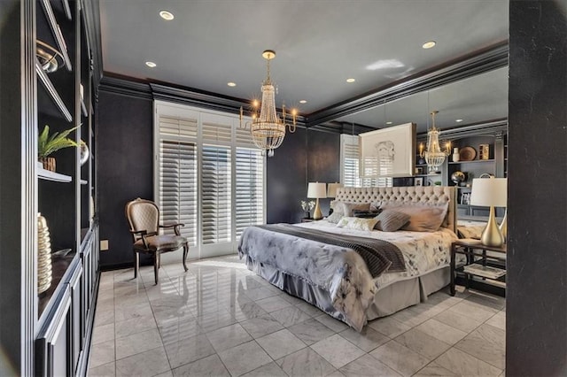 bedroom featuring recessed lighting, an inviting chandelier, and crown molding