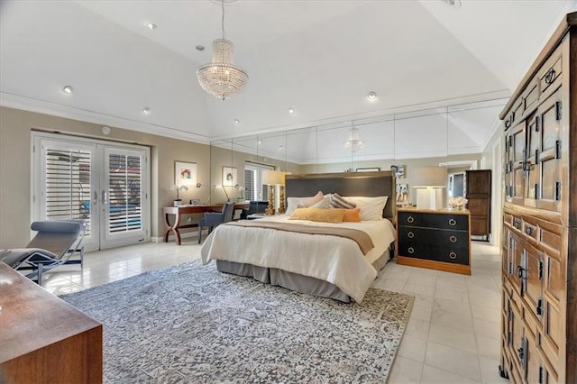 bedroom with high vaulted ceiling, a notable chandelier, access to outside, french doors, and light tile patterned floors