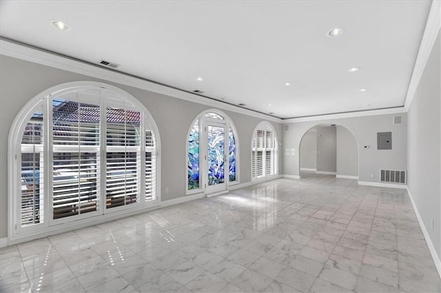 empty room with recessed lighting, visible vents, baseboards, and marble finish floor