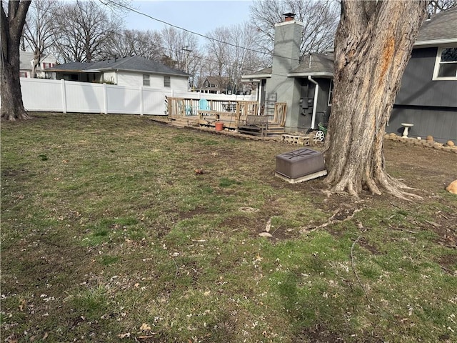 view of yard featuring a wooden deck and fence