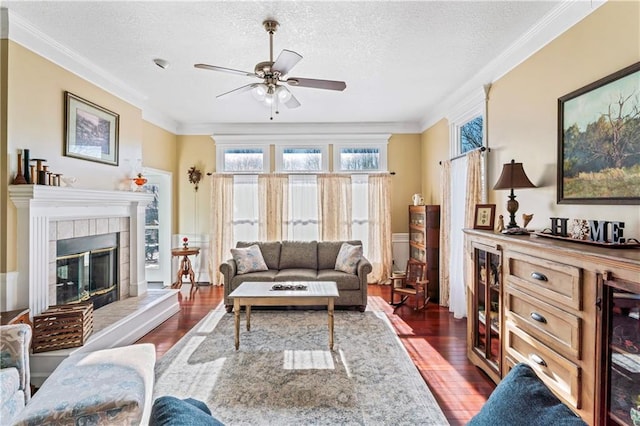 living area with a ceiling fan, a tiled fireplace, dark wood-style floors, ornamental molding, and a textured ceiling