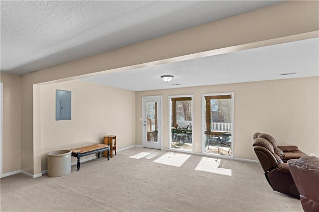 interior space with carpet floors, visible vents, a textured ceiling, electric panel, and baseboards