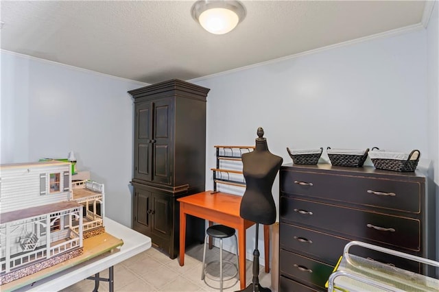 office space with a textured ceiling and crown molding