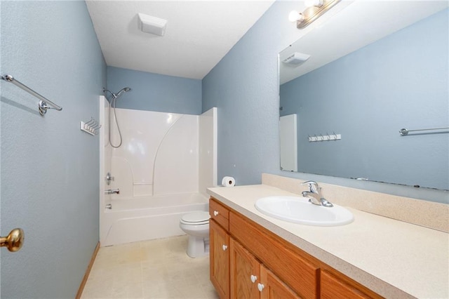 full bath featuring visible vents, toilet, vanity, and shower / bathing tub combination