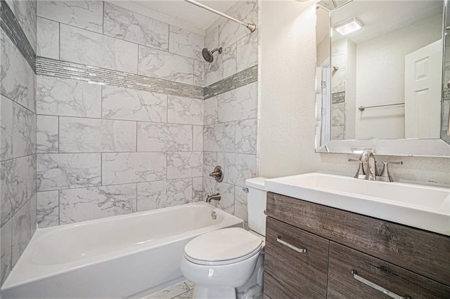 bathroom with vanity, shower / bathing tub combination, toilet, and marble finish floor