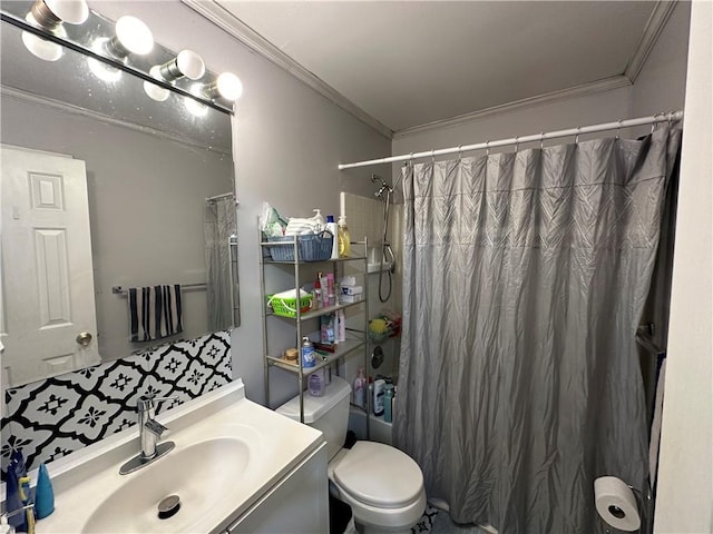 bathroom featuring vanity, shower / tub combo, toilet, and ornamental molding