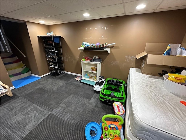 playroom featuring carpet flooring, recessed lighting, a paneled ceiling, and baseboards