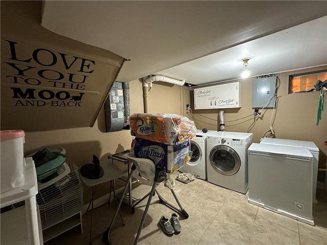clothes washing area with electric panel and washing machine and dryer
