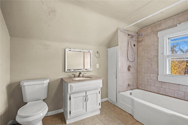 full bath with baseboards, toilet, shower / bath combination, tile patterned floors, and vanity