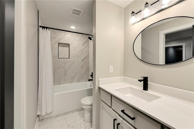 bathroom with visible vents, shower / bathtub combination with curtain, toilet, marble finish floor, and vanity