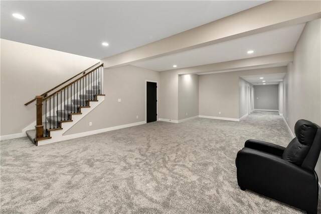 sitting room featuring recessed lighting, stairs, baseboards, and carpet floors