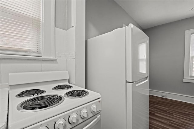 kitchen featuring white appliances, a healthy amount of sunlight, baseboards, and wood finished floors