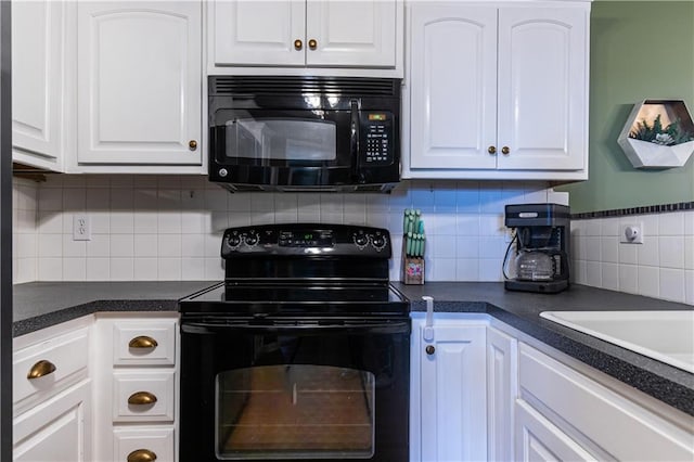 kitchen featuring decorative backsplash, black appliances, white cabinets, and dark countertops