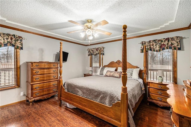 bedroom with a textured ceiling, crown molding, and dark wood-style flooring