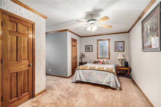 bedroom featuring a textured ceiling, carpet floors, crown molding, baseboards, and ceiling fan