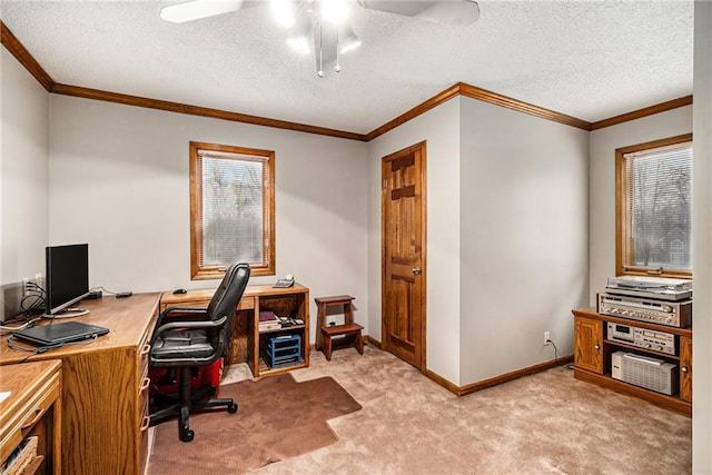 office area featuring crown molding, baseboards, ceiling fan, light colored carpet, and a textured ceiling