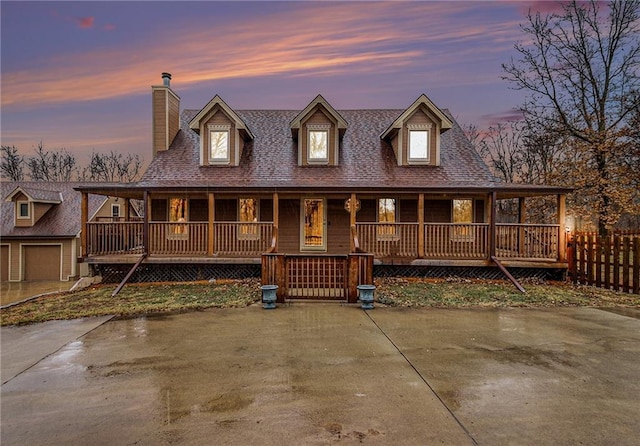 view of front of house with a porch, a chimney, and fence