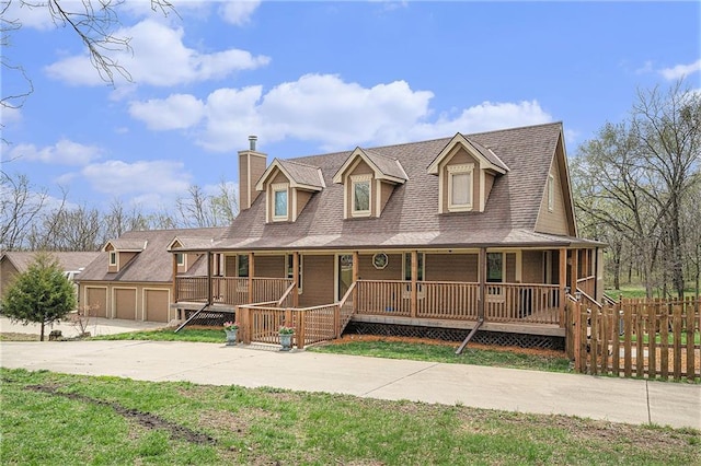4623 Whispering Oaks Ln, Smithville, MO 64089 - farmhouse-style home with fence, a chimney, a shingled roof, concrete driveway, and a porch