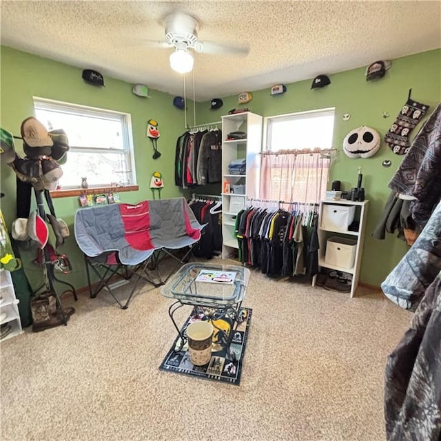 interior space with carpet flooring and a textured ceiling