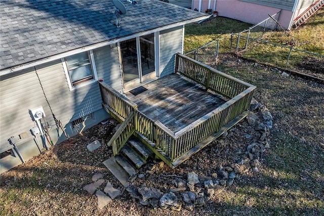 deck featuring stairway and fence