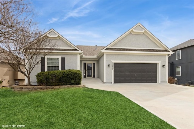 ranch-style home with a shingled roof, a front lawn, stucco siding, a garage, and driveway