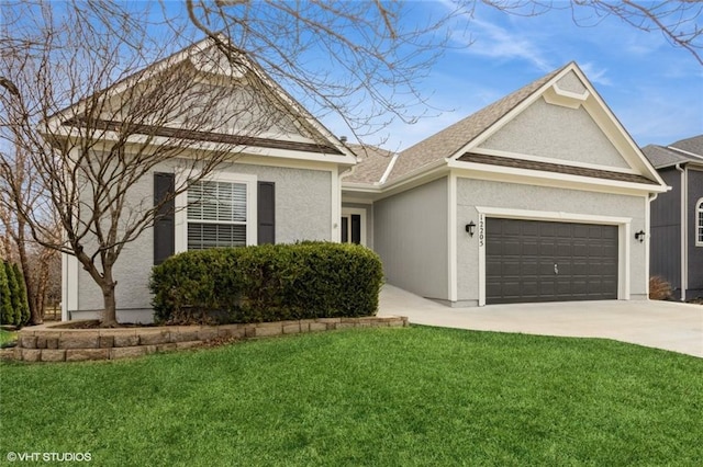 single story home featuring stucco siding, concrete driveway, a front yard, and a garage