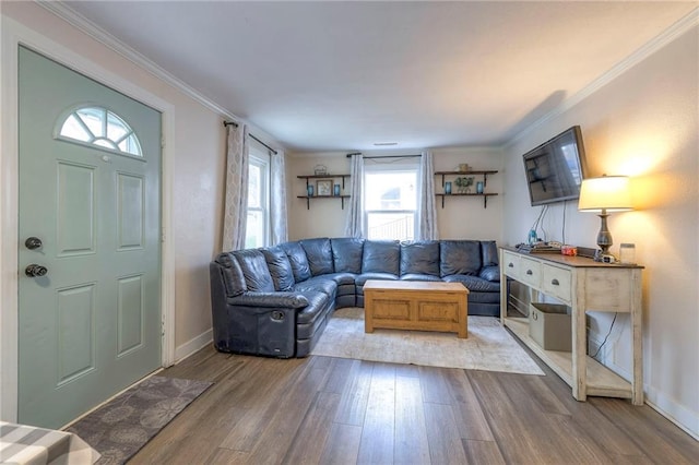 living area featuring baseboards, ornamental molding, and wood finished floors