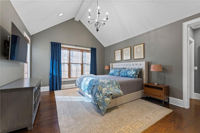 bedroom featuring vaulted ceiling with beams, baseboards, and dark wood-style flooring