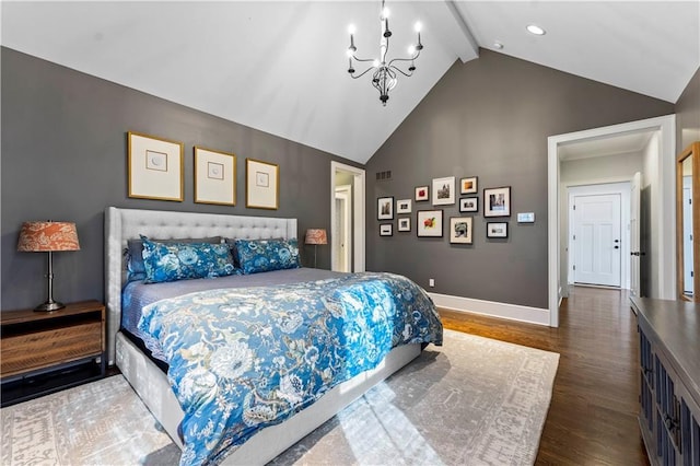 bedroom with beamed ceiling, visible vents, wood finished floors, baseboards, and a chandelier