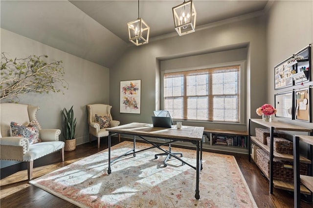 office space featuring dark wood finished floors, vaulted ceiling, a notable chandelier, and ornamental molding