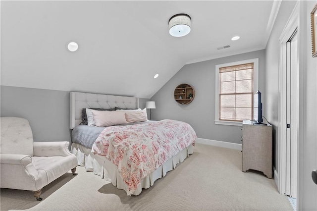 carpeted bedroom with visible vents, crown molding, baseboards, vaulted ceiling, and recessed lighting