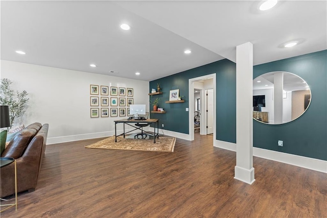 game room featuring recessed lighting, wood finished floors, and baseboards