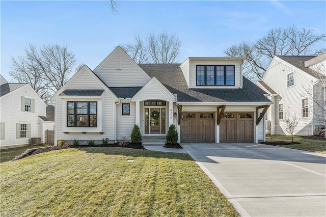 view of front of home featuring central AC unit, driveway, roof with shingles, a front lawn, and a garage