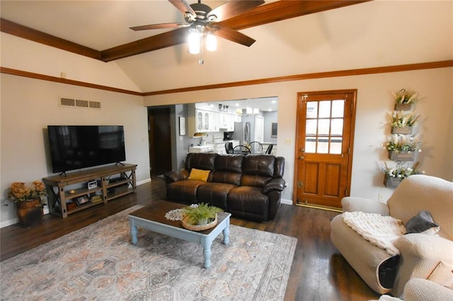 living room with visible vents, baseboards, lofted ceiling with beams, wood finished floors, and a ceiling fan